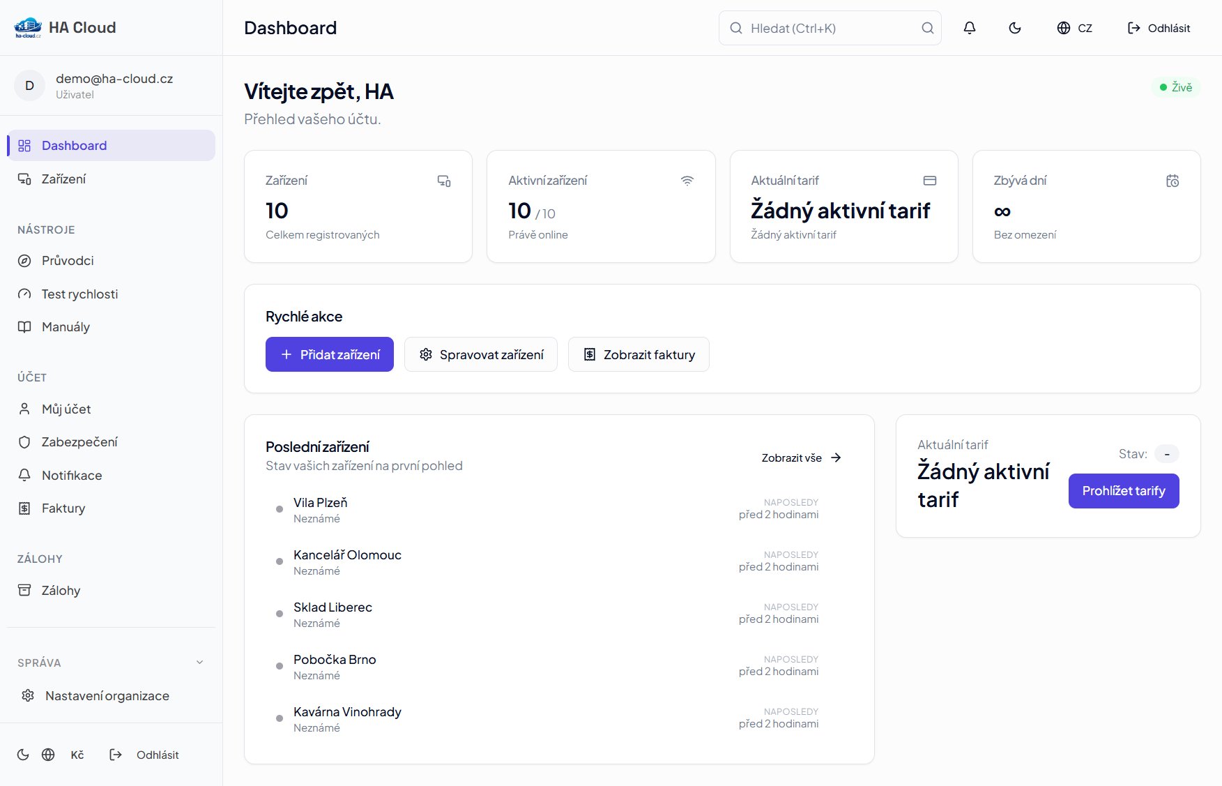 HA Cloud portál dashboard — 10/10 zařízení aktivních