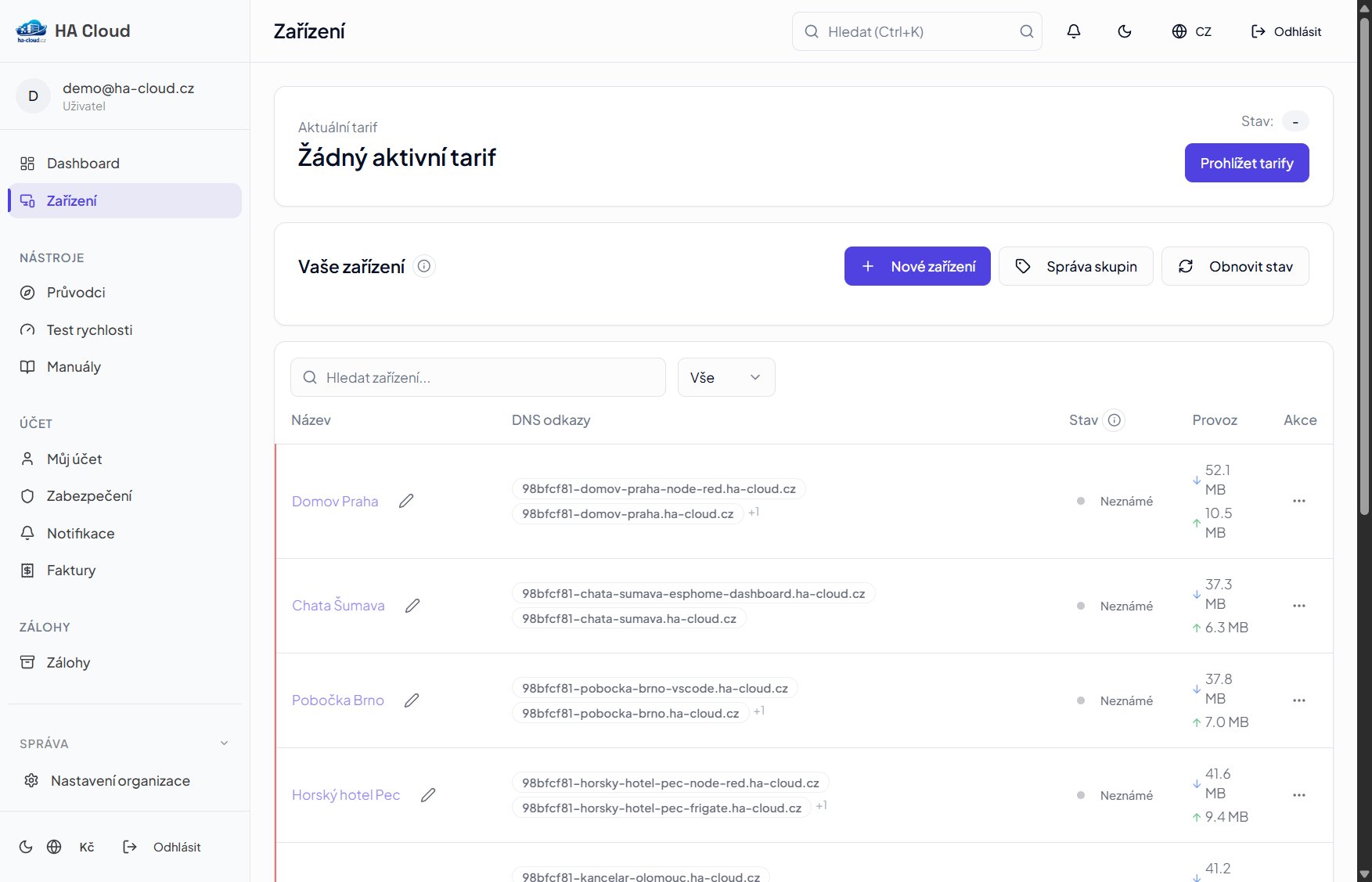 Seznam zařízení s DNS odkazy